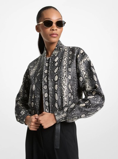 Snake Embossed Leather Blouson Jacket in SOFT ECRU | Michael Kors