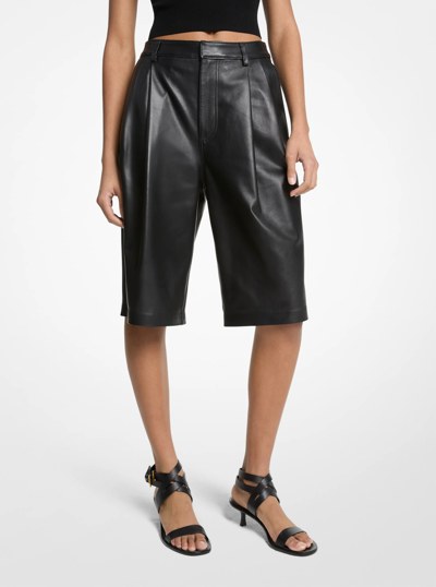 Pleated Leather Bermuda Shorts in BLACK | Michael Kors