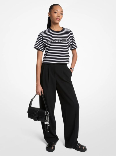 Striped Logo Cotton Cropped T-Shirt in BLACK | Michael Kors