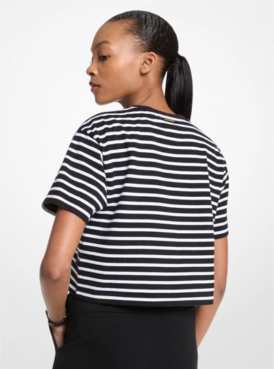 Striped Logo Cotton Cropped T-Shirt in BLACK | Michael Kors