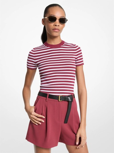 Striped Stretch Knit Short-Sleeve Sweater in DEEPMULBERRY | Michael Kors