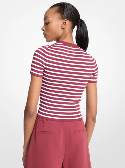 Striped Stretch Knit Short-Sleeve Sweater in DEEPMULBERRY | Michael Kors
