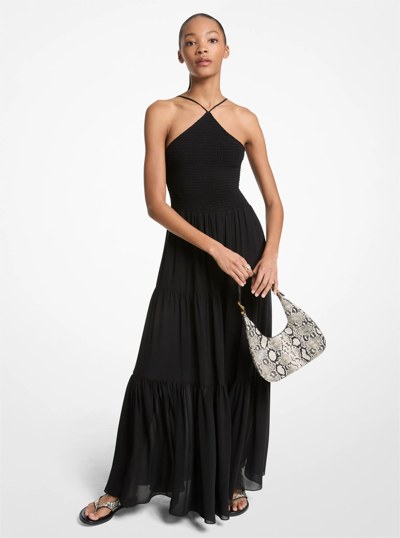 Smocked Georgette Halter Maxi Dress in BLACK | Michael Kors