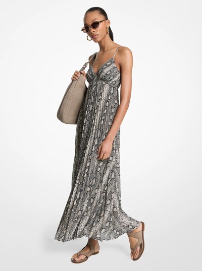 Snake Print Georgette Pleated Maxi Dress in SOFT ECRU | Michael Kors