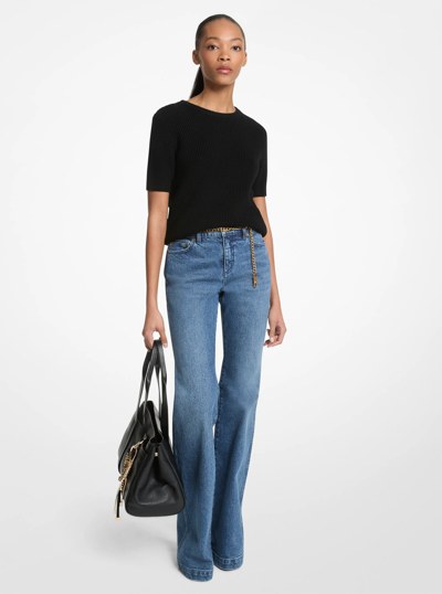 Stretch Cotton Belted Flared Jeans in DUSK BLUE WASH | Michael Kors