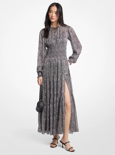 Printed Smocked Georgette Maxi Dress in BLACK/BONE | Michael Kors