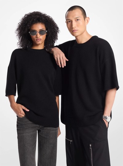 Wool and Cashmere Blend Short-Sleeve Sweater in BLACK | Michael Kors
