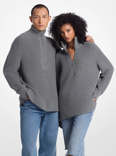 Wool and Cashmere Blend Half-Zip Sweater in ASH | Michael Kors