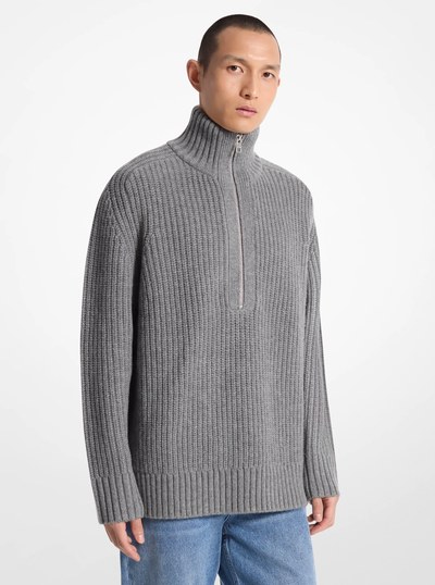 Wool and Cashmere Blend Half-Zip Sweater in ASH | Michael Kors