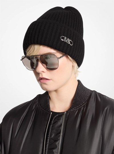 Ribbed Stretch Wool Beanie Hat in BLACK | Michael Kors