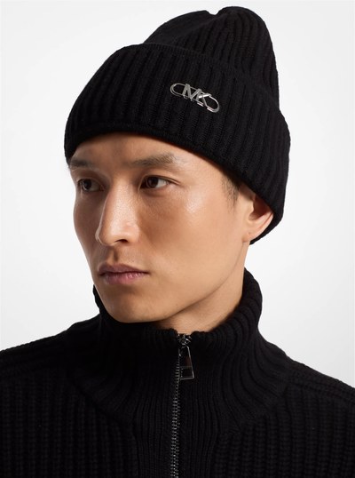 Ribbed Stretch Wool Beanie Hat in BLACK | Michael Kors