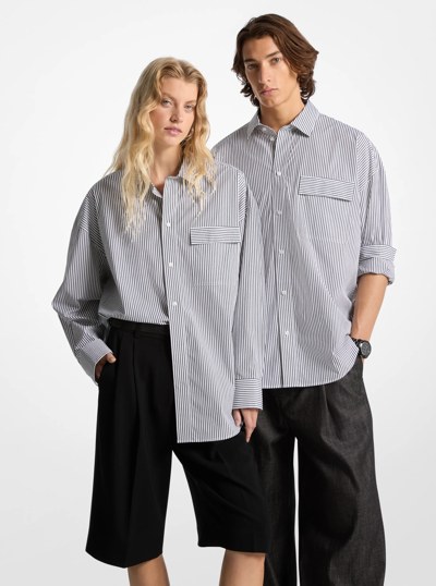 Oversized Striped Stretch Cotton Poplin Shirt in BLACK/WHITE | Michael Kors