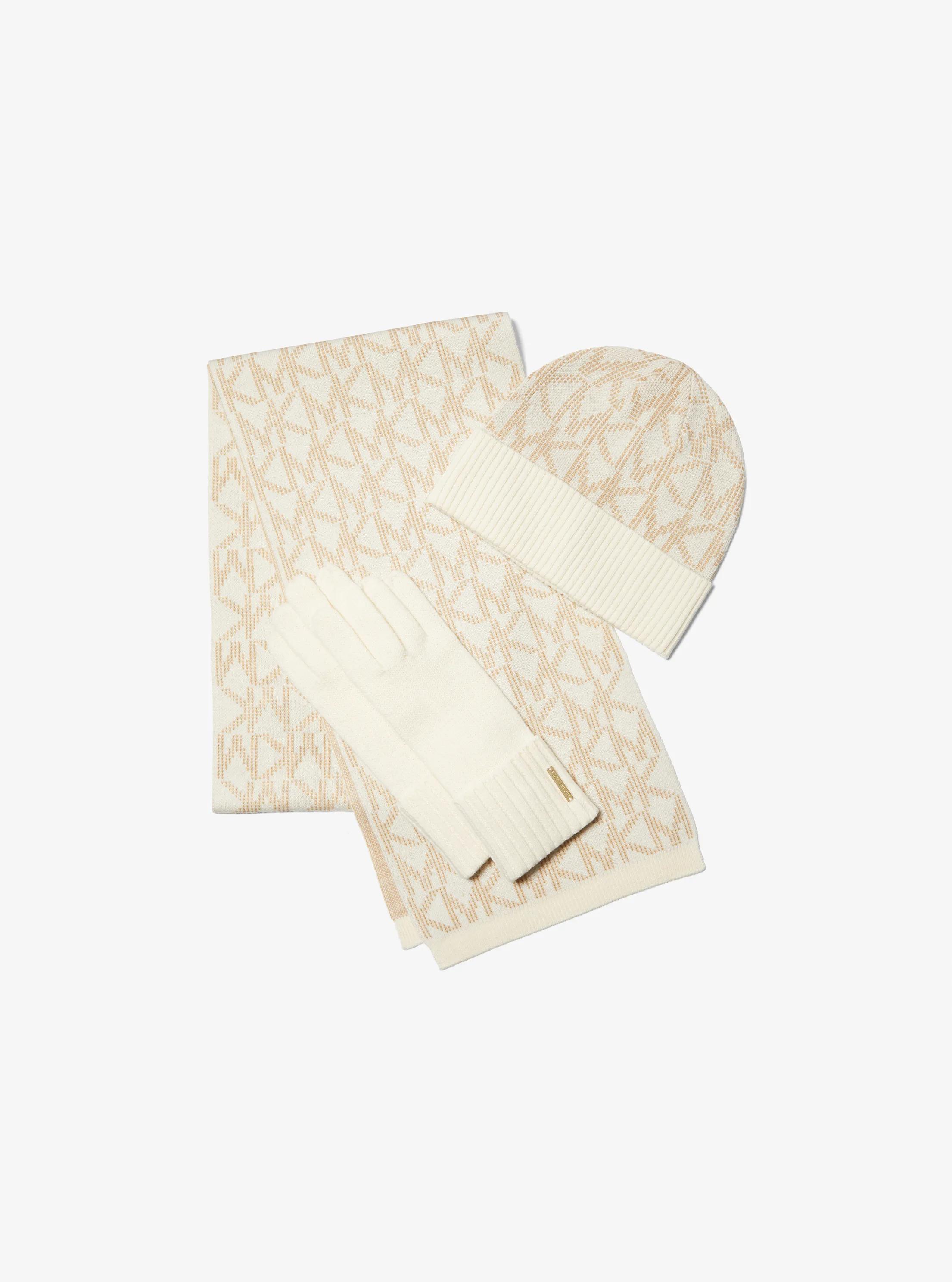 Logo Jacquard Scarf, Beanie and Gloves Gift Set in BONE | Michael Kors