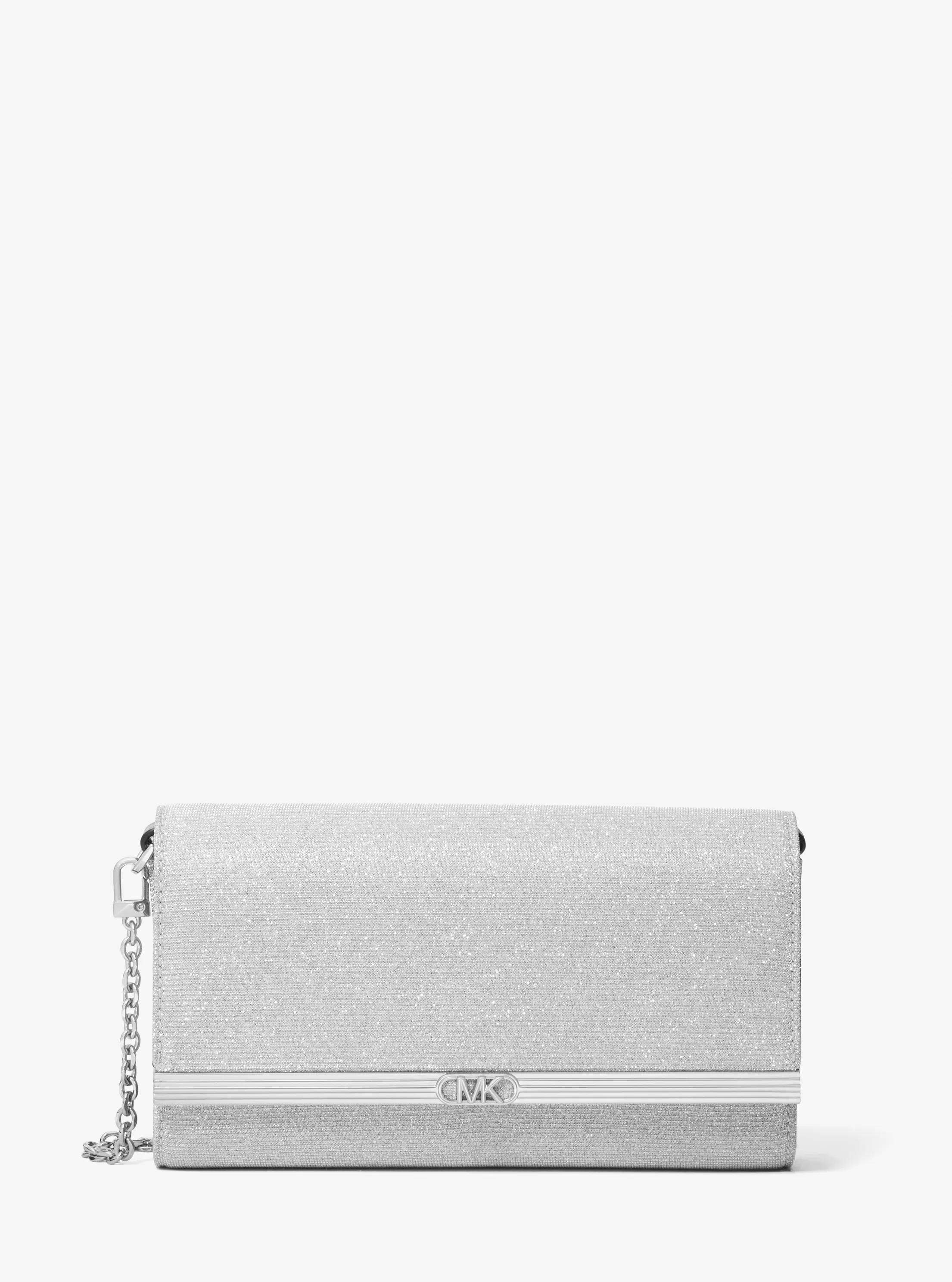 Mona Large Glitter Chain Mesh Clutch in SILVER | Michael Kors