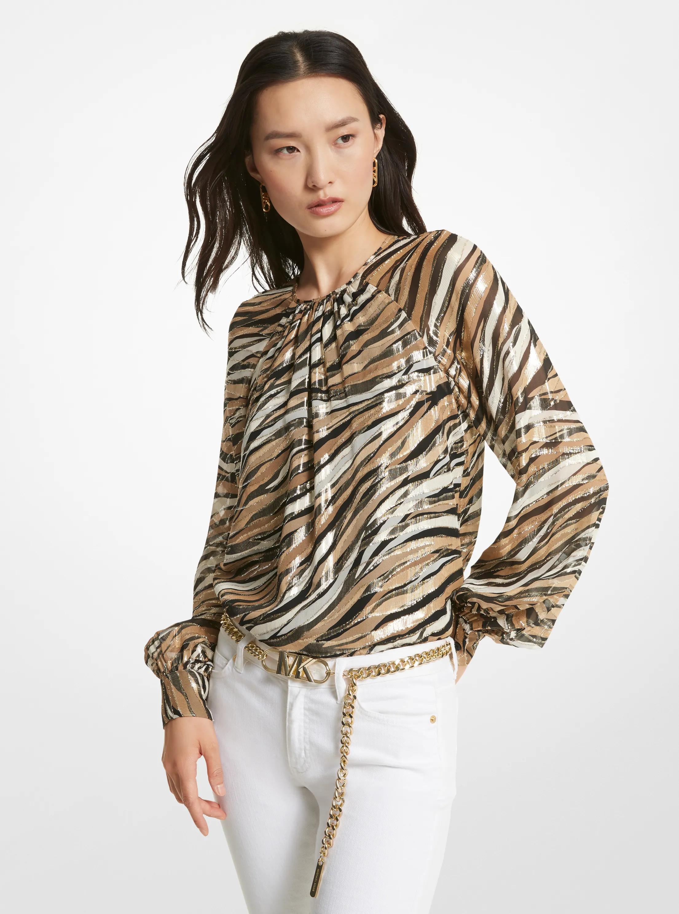 Top de mezcla de seda y fil coup&eacute; con estampado de tigre in CAQUI | Michael Kors