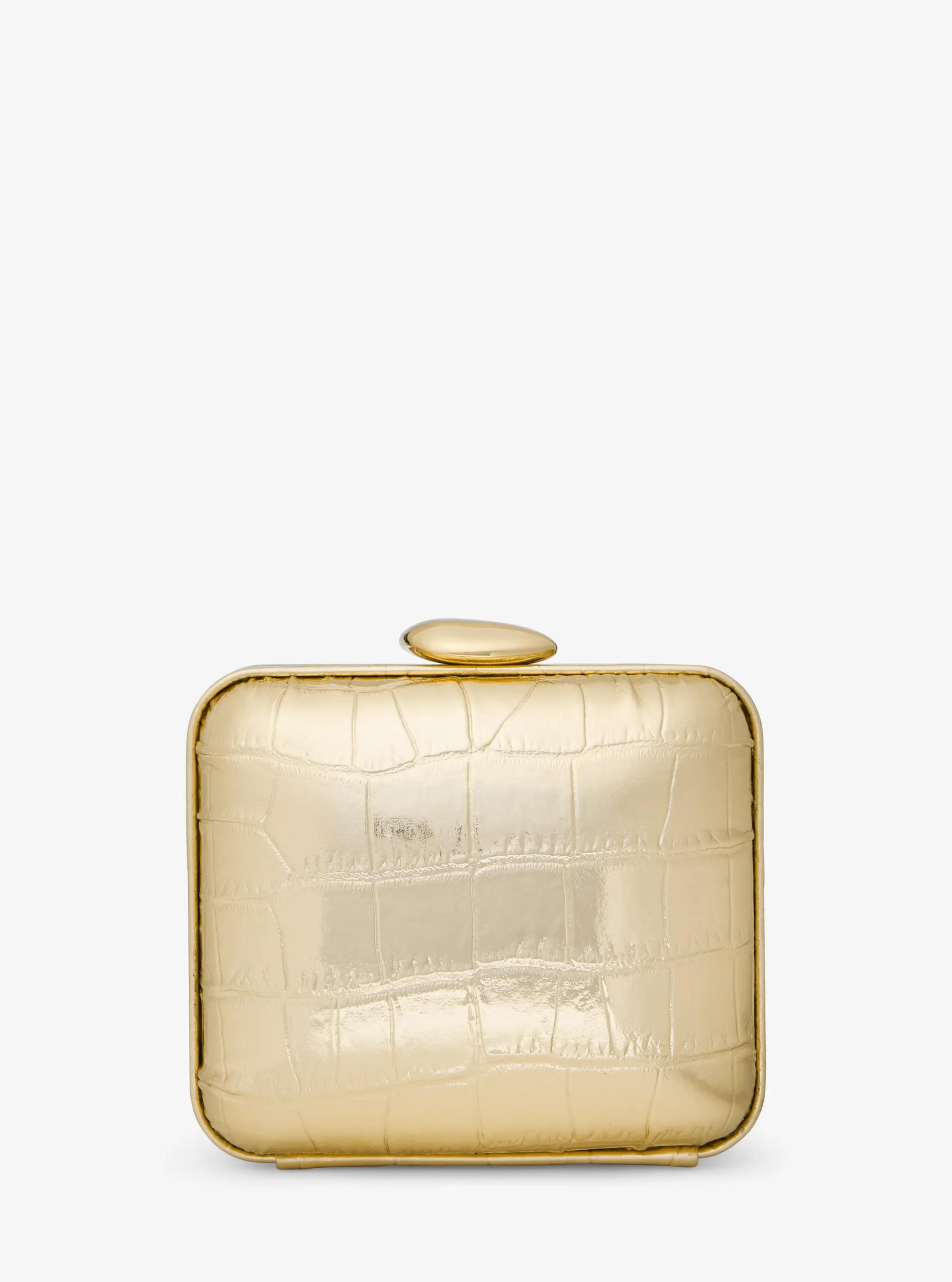 Tina Mini Metallic Crocodile Embossed Leather Minaudie re in GOLD | Michael Kors