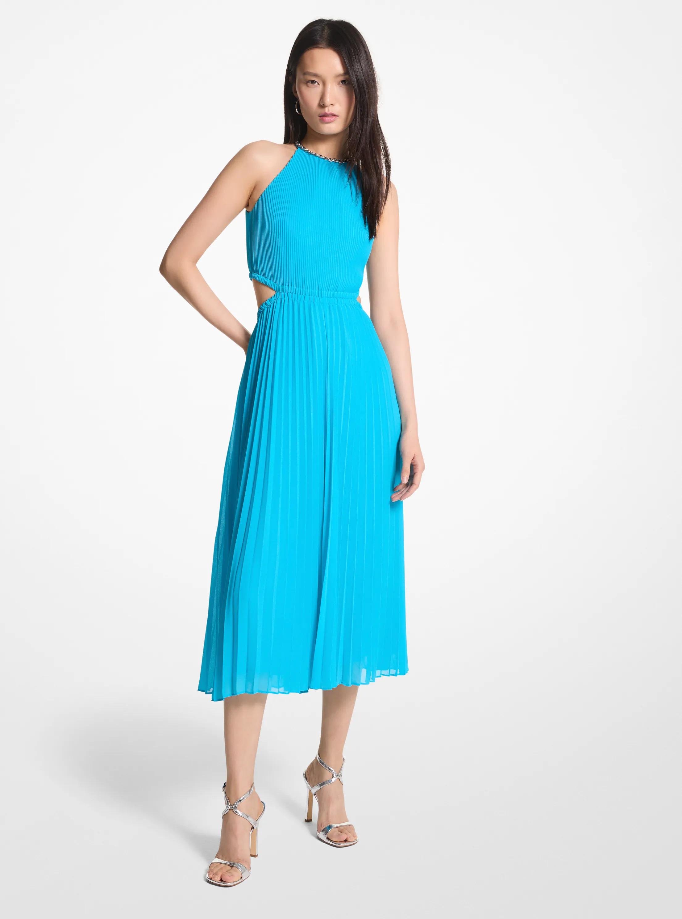 Vestido de georgette con adorno y aberturas in AZUL MILOS | Michael Kors