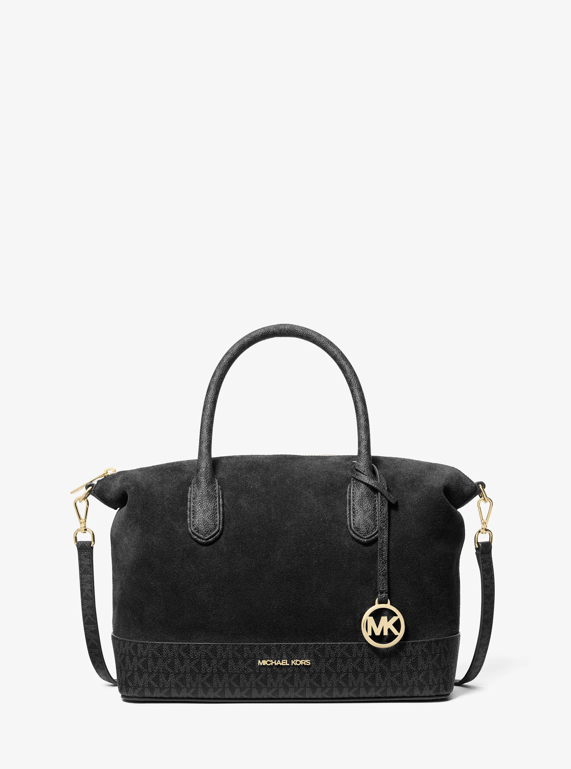 Hyde Medium Suede and Signature Logo Satchel in BLACK | Michael Kors