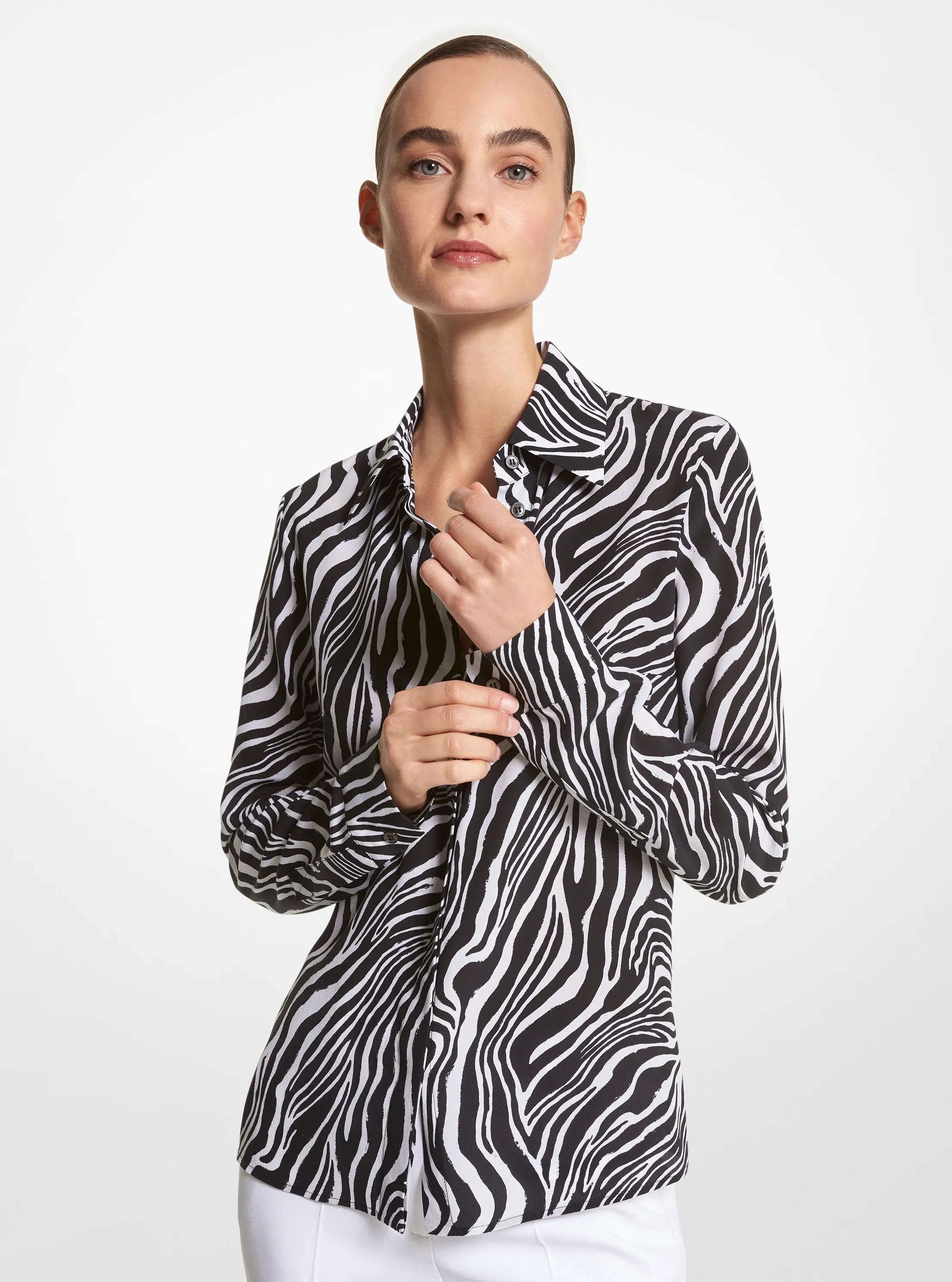 Camisa Hansen de crep&eacute; de China de seda con estampado de cebra in NEGRO/BLANCO INTENSO | Michael Kors