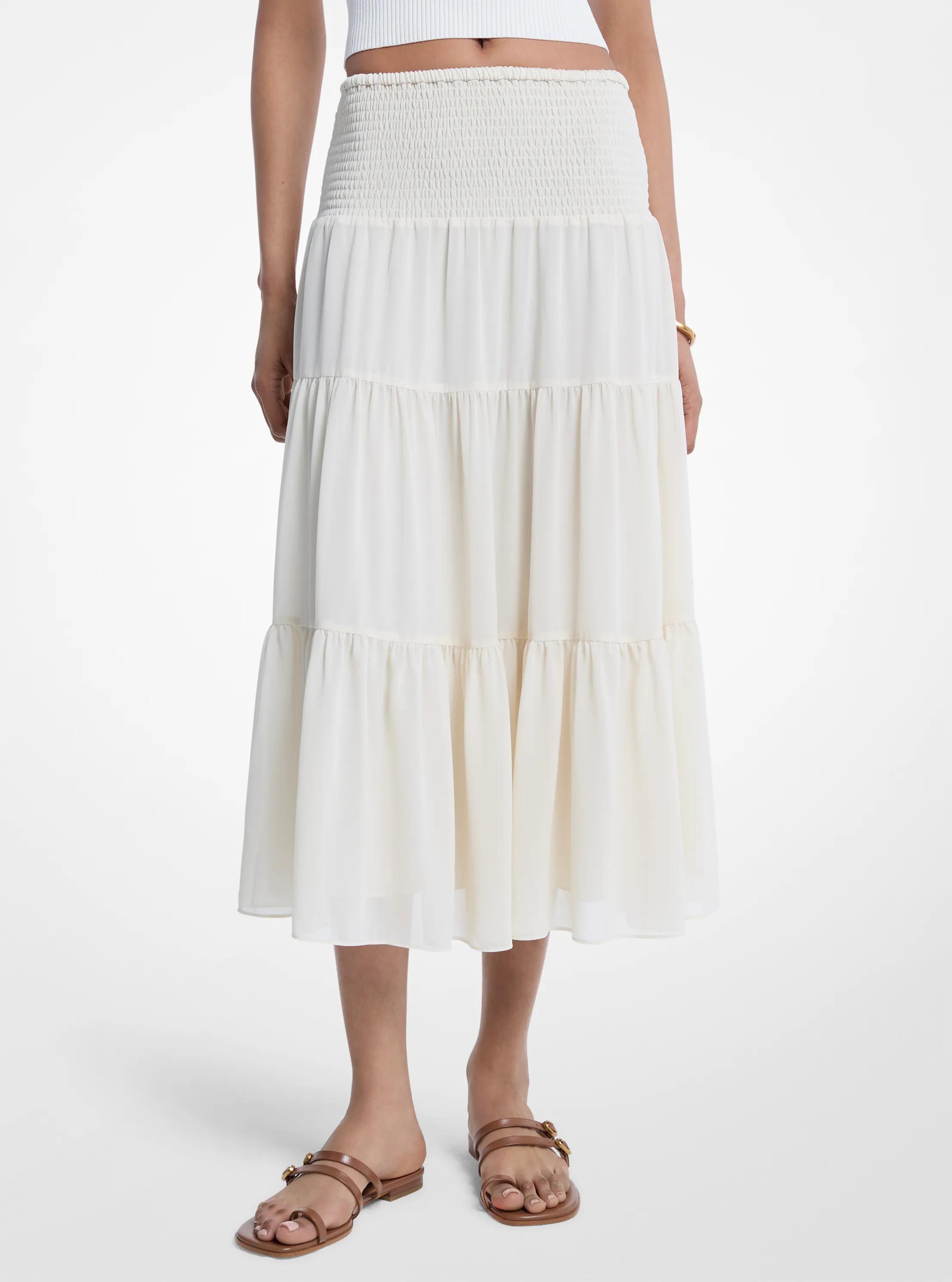 Smocked Georgette Tiered Skirt in BONE | Michael Kors