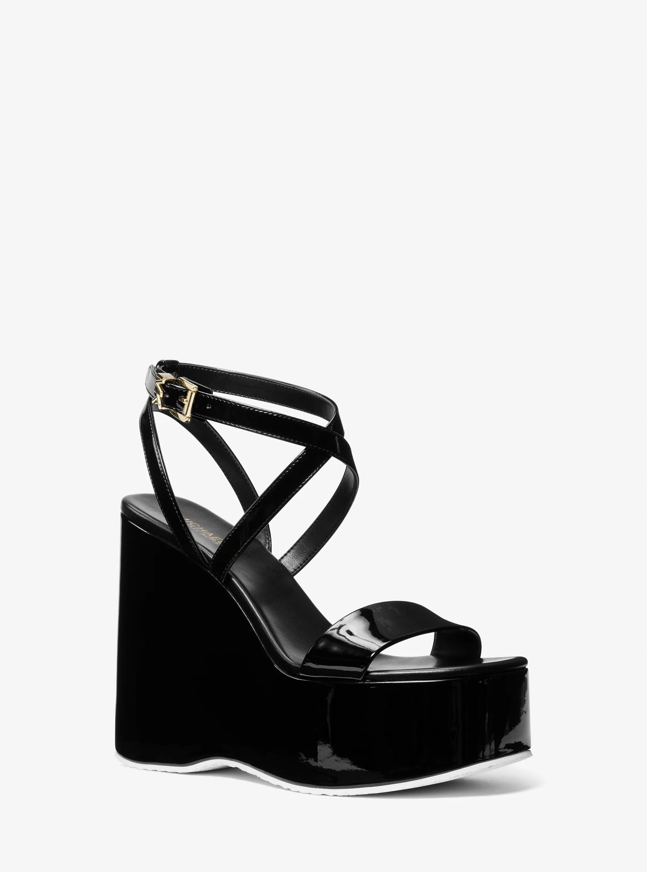 Paola Faux Patent Leather Wedge Sandal in BLACK | Michael Kors