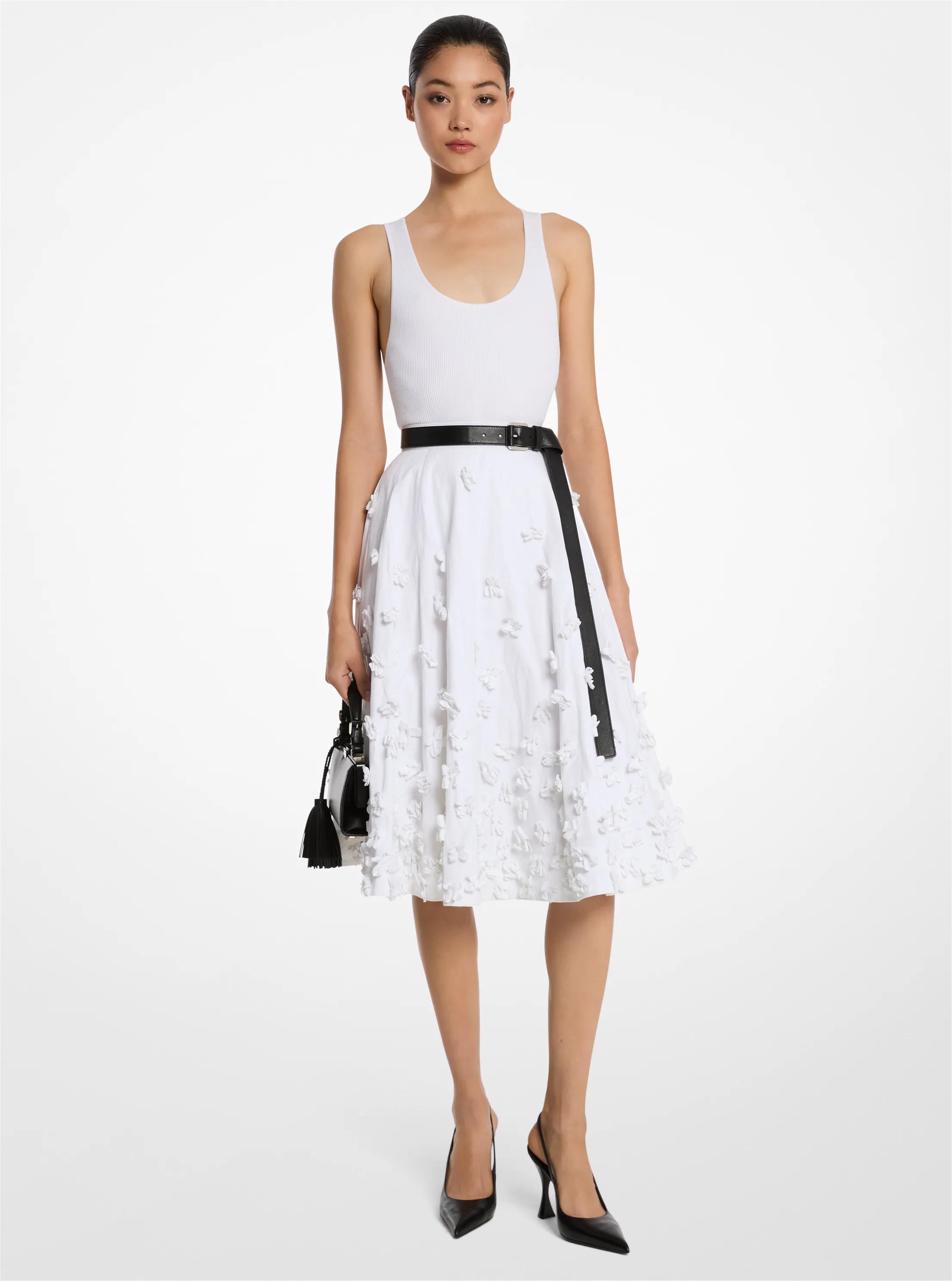 Hand-Embroidered Floral Crushed Cotton Gabardine Circle Skirt in OPTIC WHITE | Michael Kors