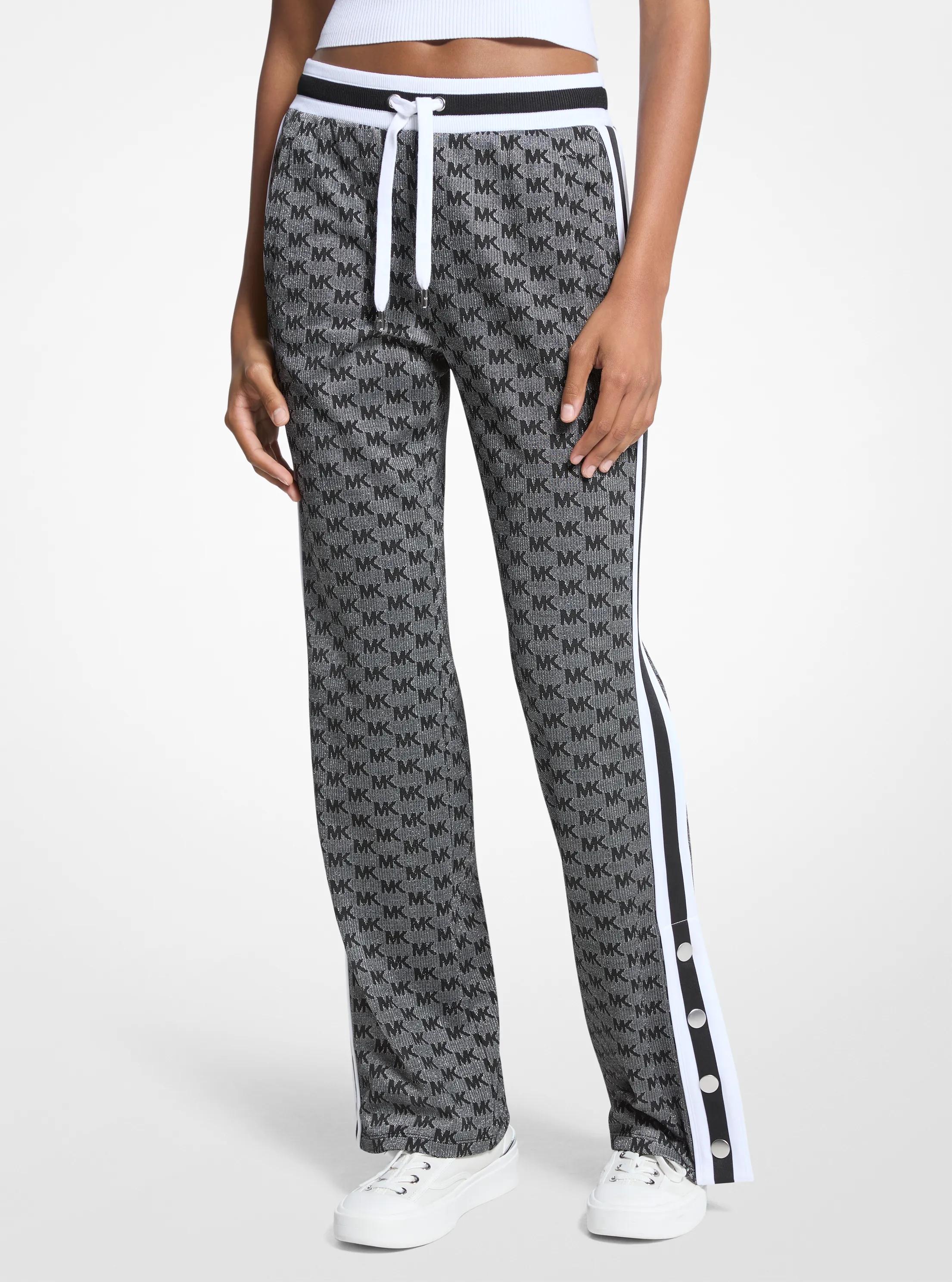 Logo Print Metallic Stretch Knit Track Pants in BLACK/SILVER