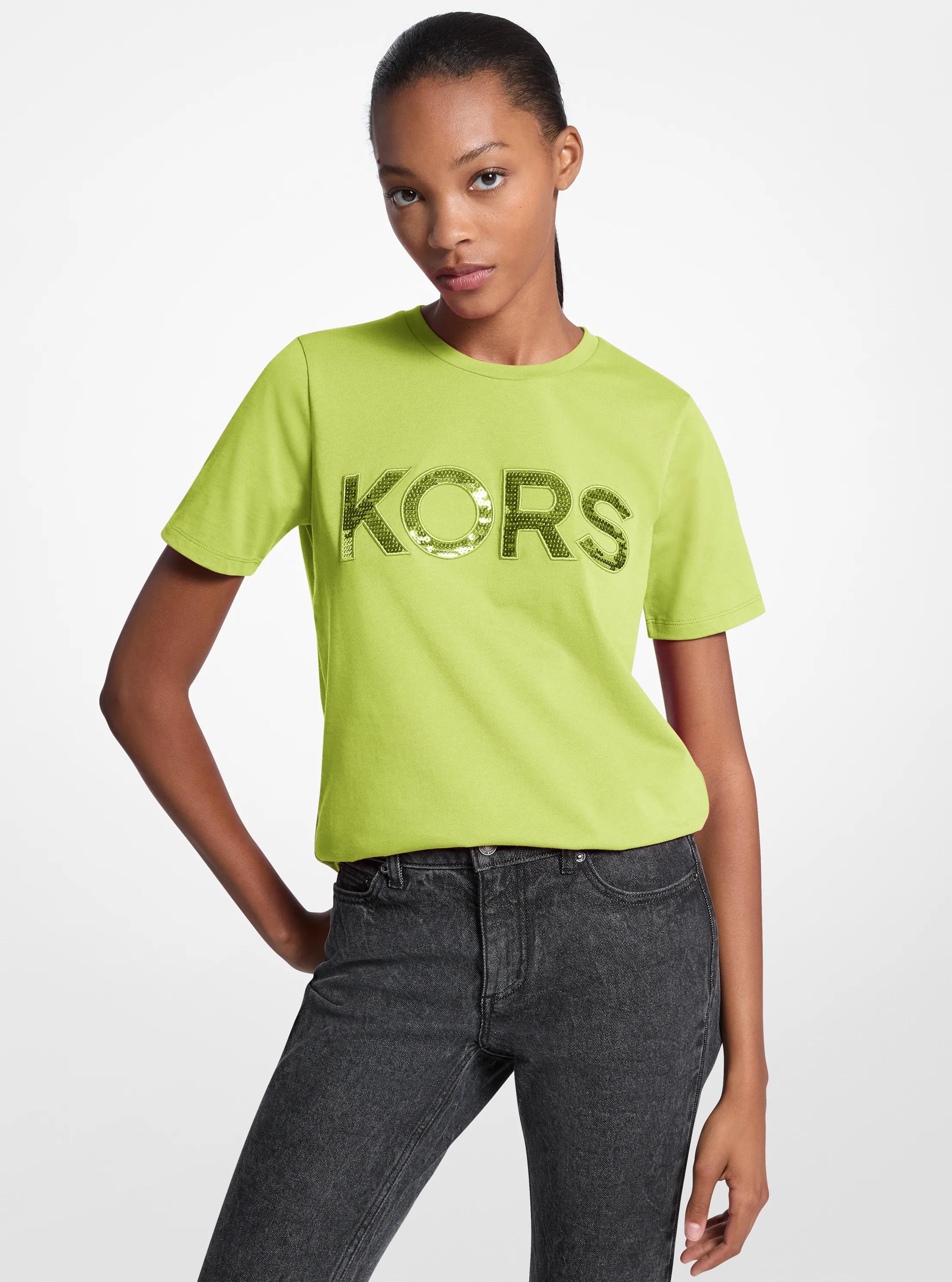 Sequined Logo Cotton T-Shirt in LIME | Michael Kors