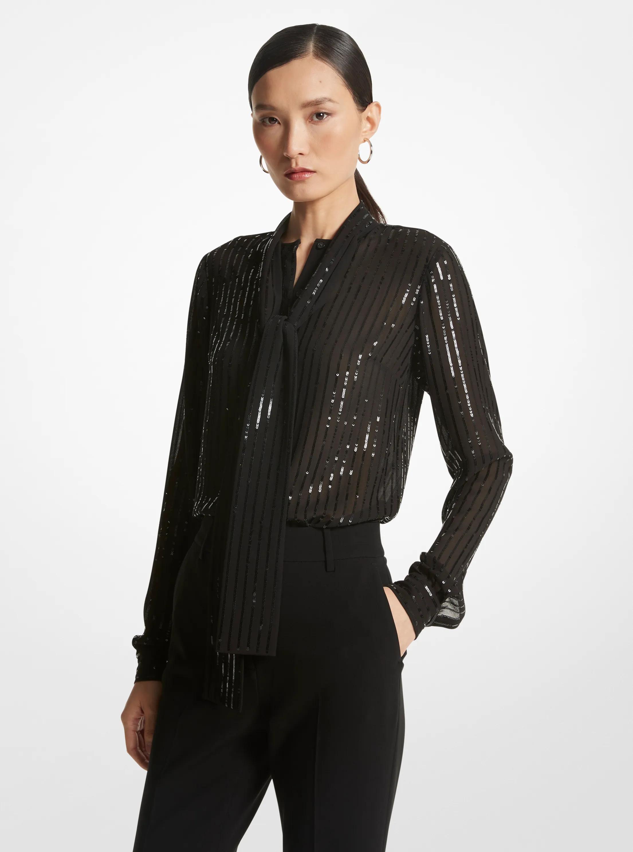 MK Blouse van crêpe georgette met lovertjes in krijtstreeppatroon en koordjes bij de hals - Zwart - Michael Kors