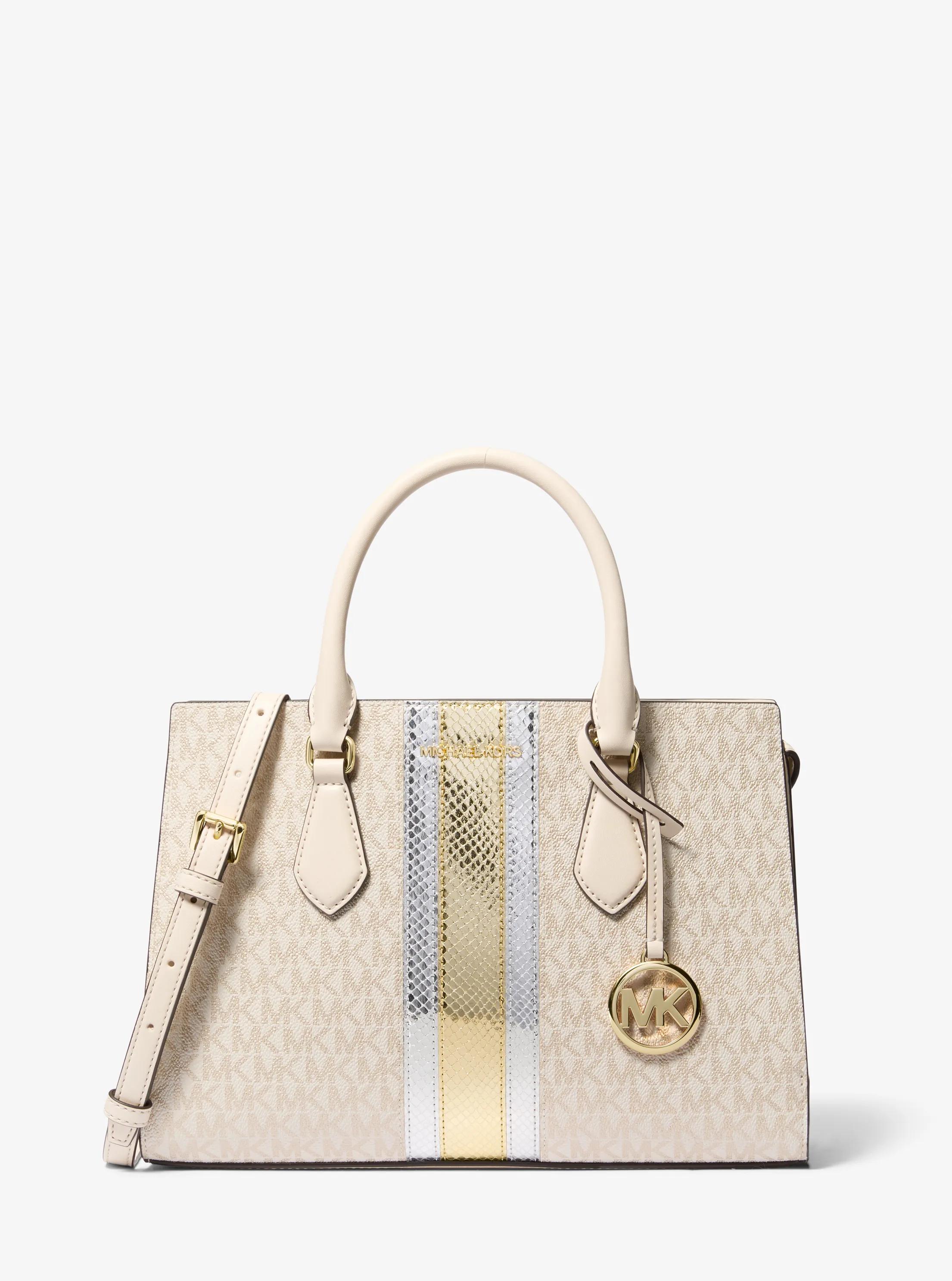 Sheila Medium Signature Logo and Metallic Satchel in PALE GOLD | Michael Kors