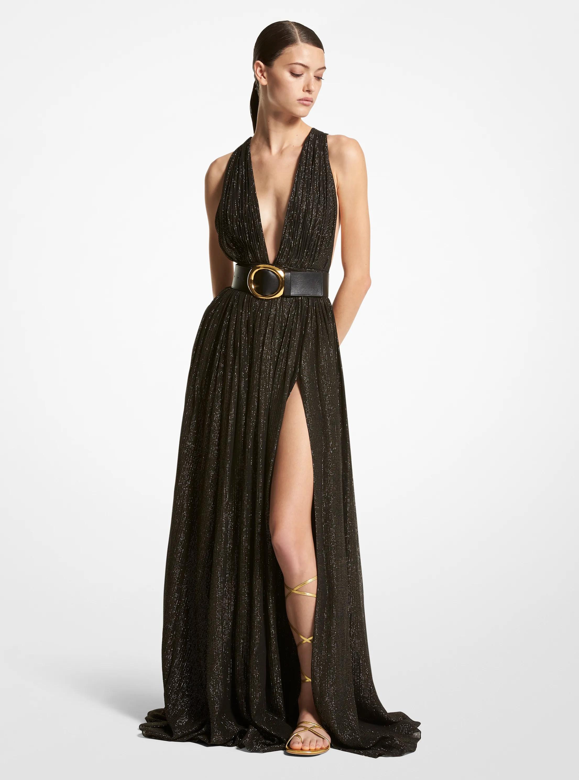 Hutton Metallic Striped Lam&eacute; Chiffon Gown