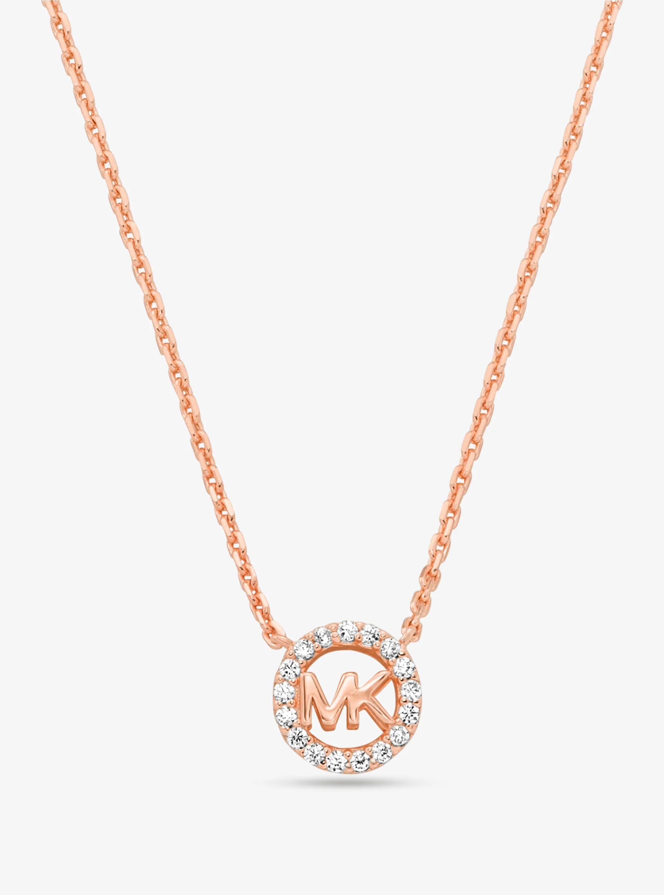 MK Collier Fulton en argent sterling plaqué en métal précieux avec pierres pavées et breloque à logo - Or Rose - Michael Kors