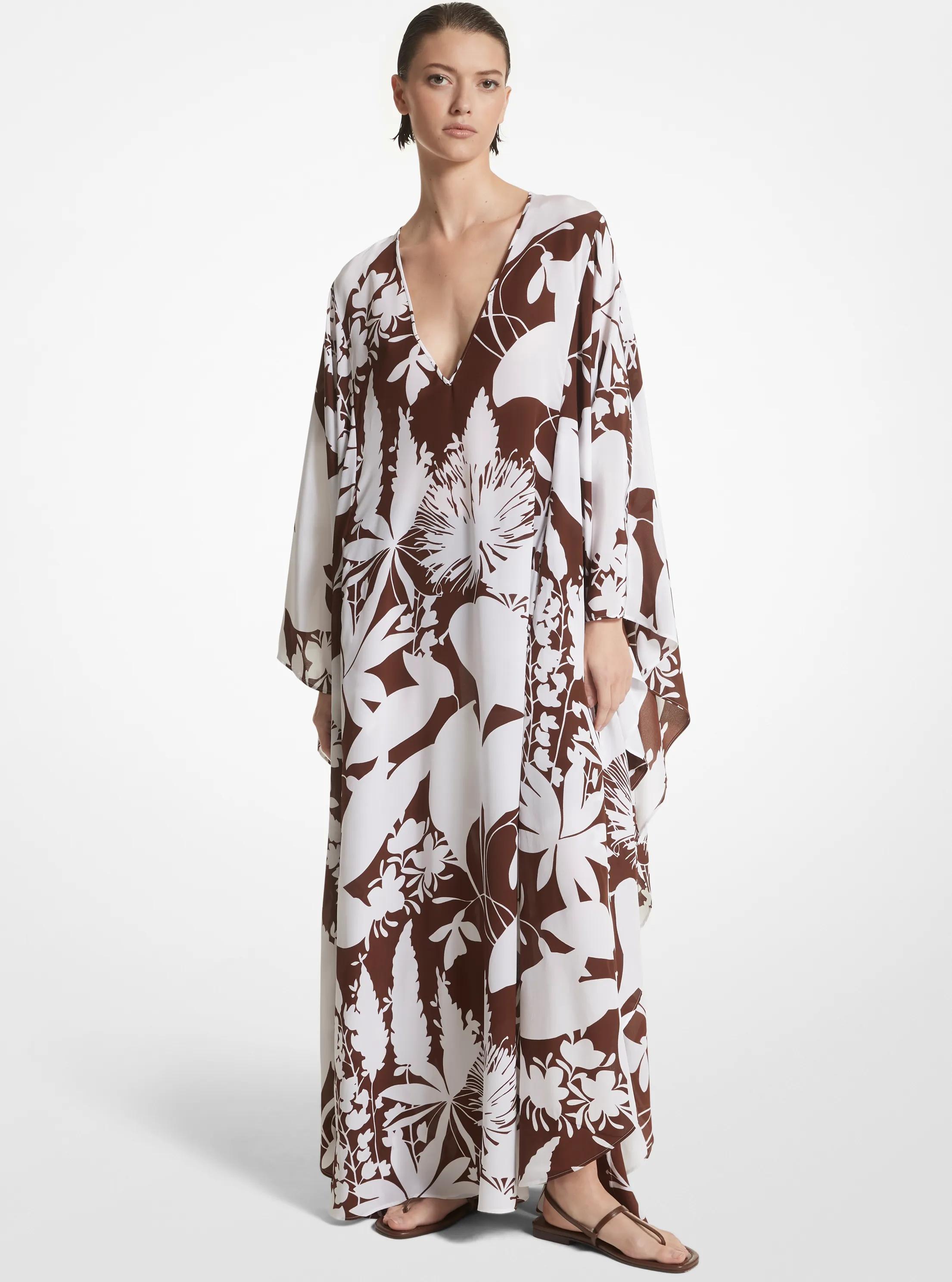 Shadow Floral Silk Crepe De Chine Caftan in NUTMEG/OPTIC WHITE | Michael Kors