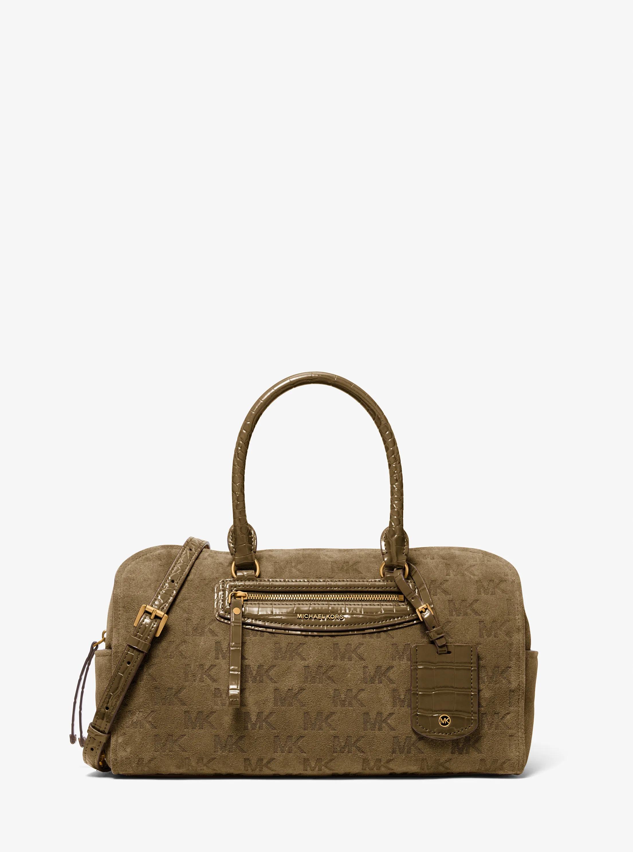 Jet Set Travel Medium Logo Embossed Suede Duffel Crossbody Bag in LODEN | Michael Kors