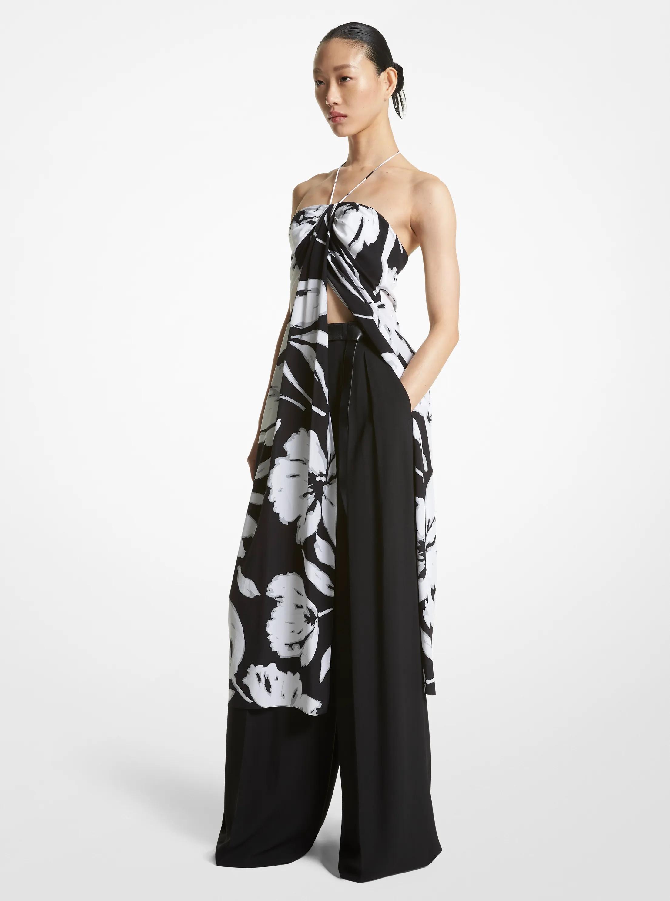 Brushstroke Floral Silk Crepe De Chine Sarong Tunic in WHITE/BLACK | Michael Kors