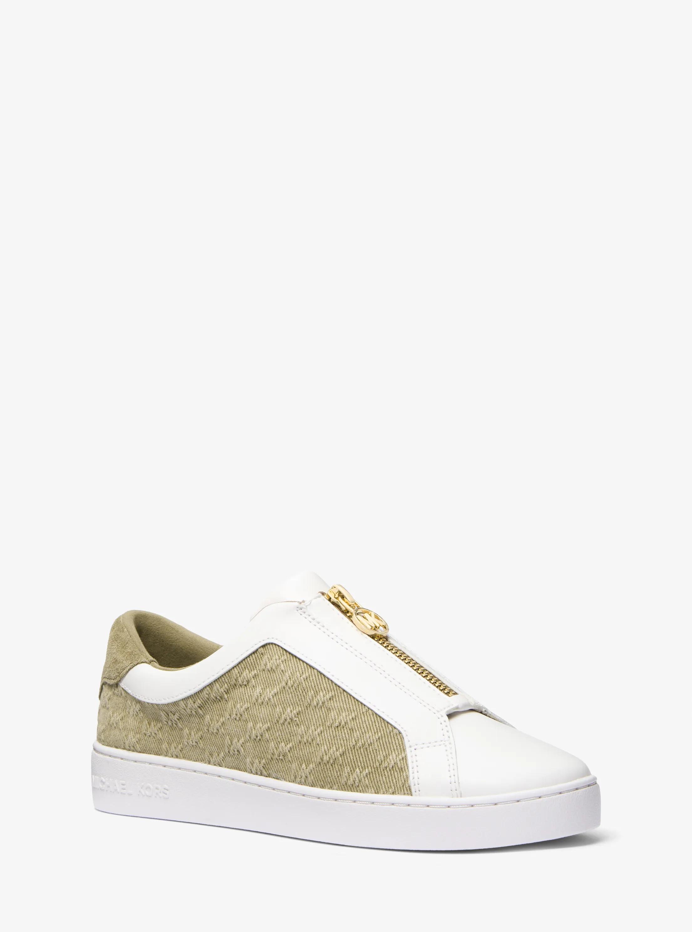 Keaton Logo Embossed Denim and Leather Zip-Up Sneaker