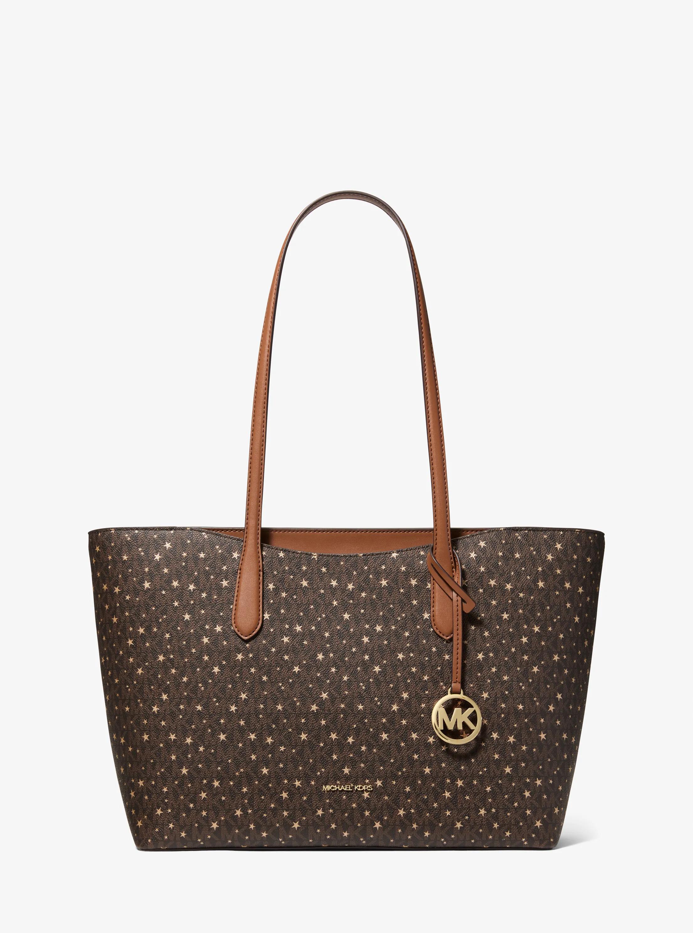 Arden Large Printed Signature Logo Top-Zip Tote Bag in BROWN