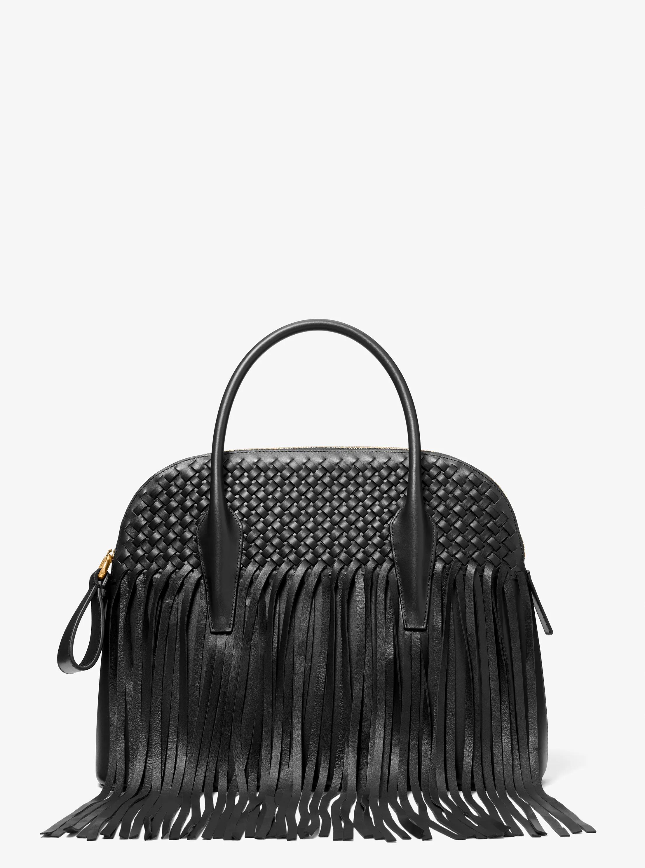 Kaitlin Large Fringed Woven Leather Dome Satchel in NEGRO | Michael Kors