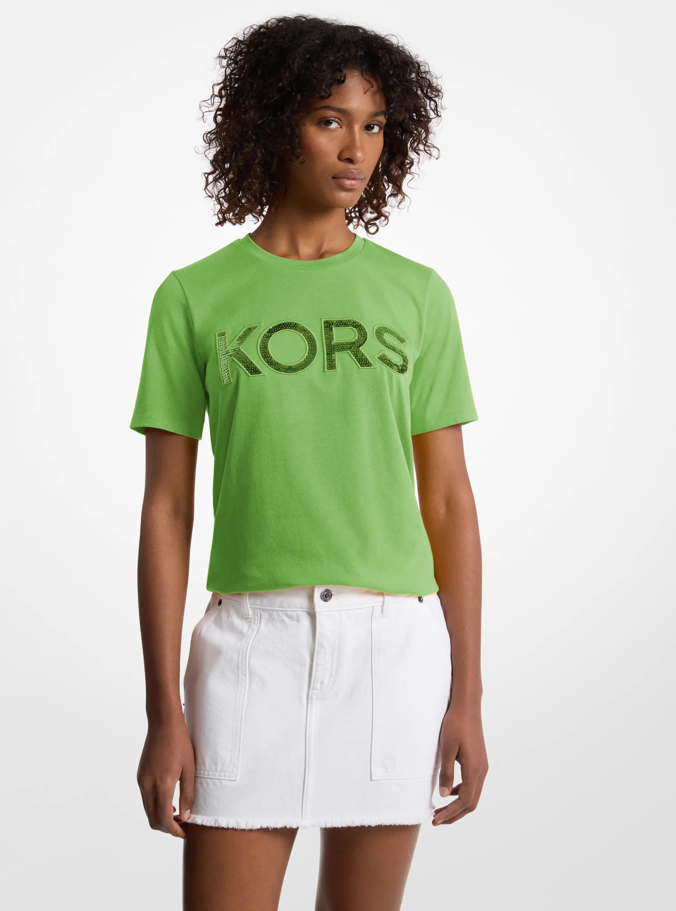 Sequined Logo Cotton T-Shirt in JUNGLEGREEN | Michael Kors