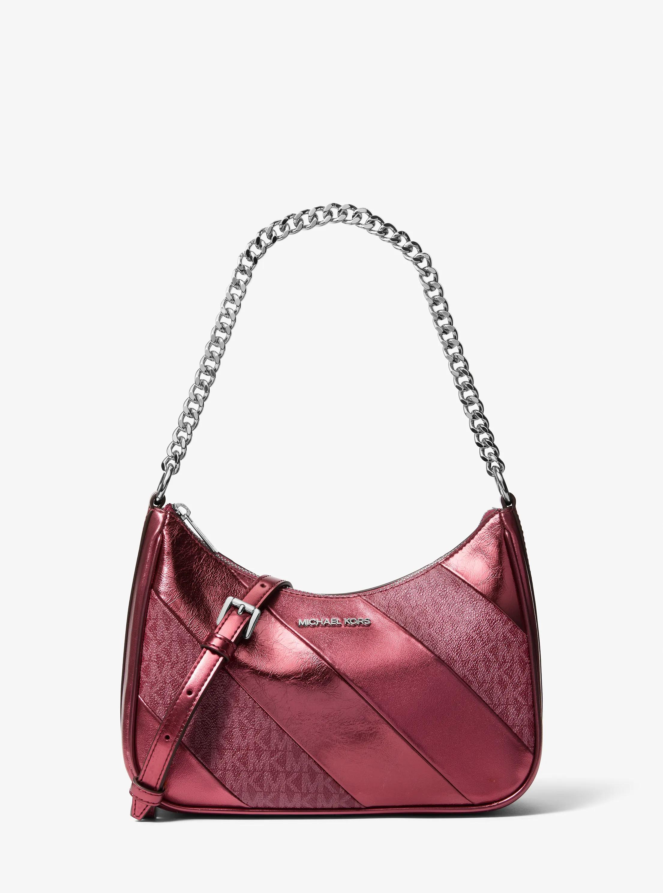 Jet Set Travel Metallic and Signature Logo Convertible Pochette in MAROON | Michael Kors