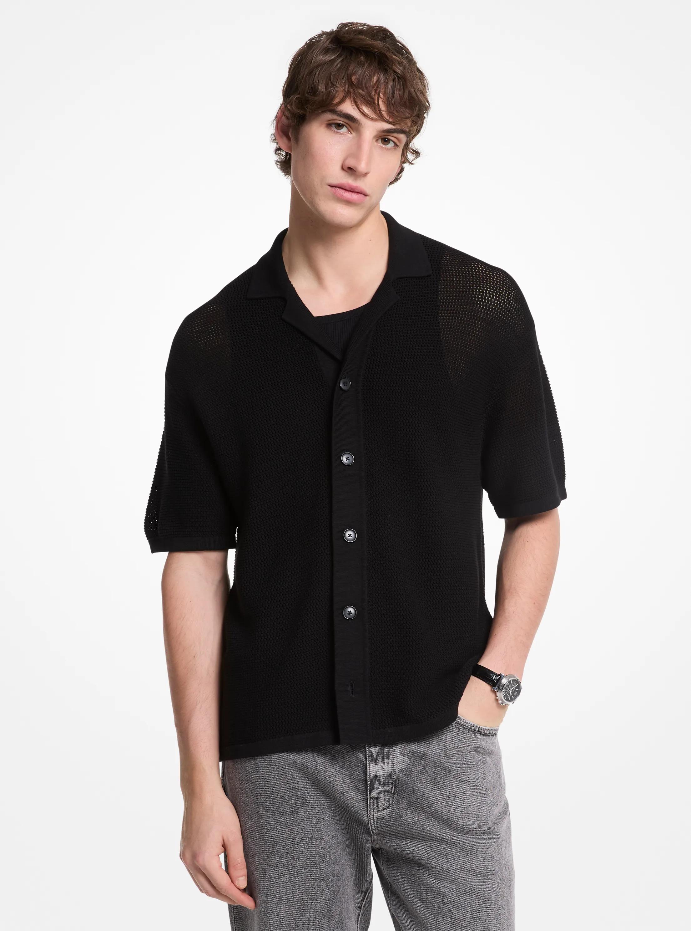 Open-Knit Cotton Shirt in BLACK | Michael Kors