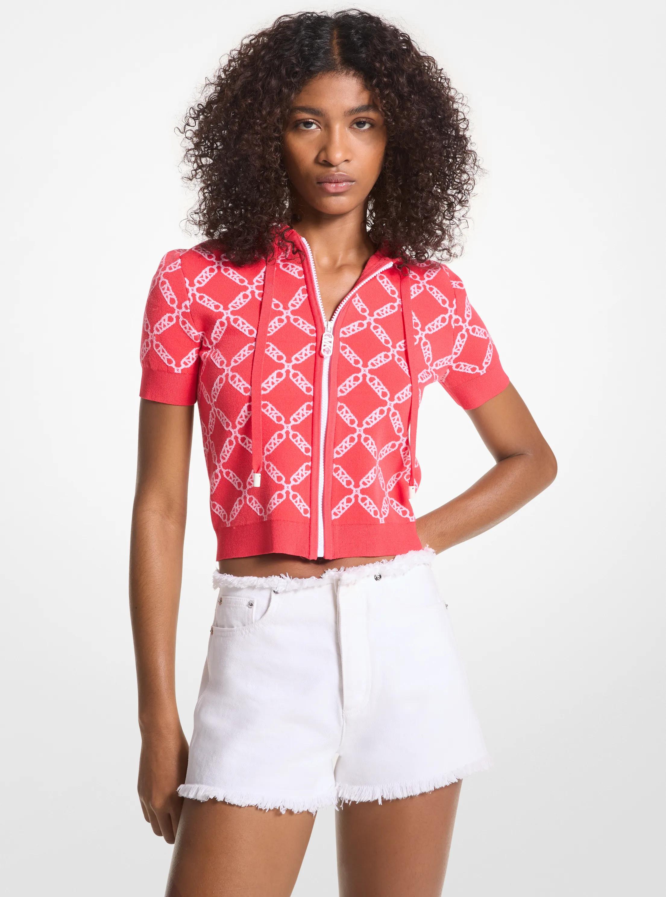 Empire Logo Jacquard Short-Sleeve Hoodie in CORAL | Michael Kors