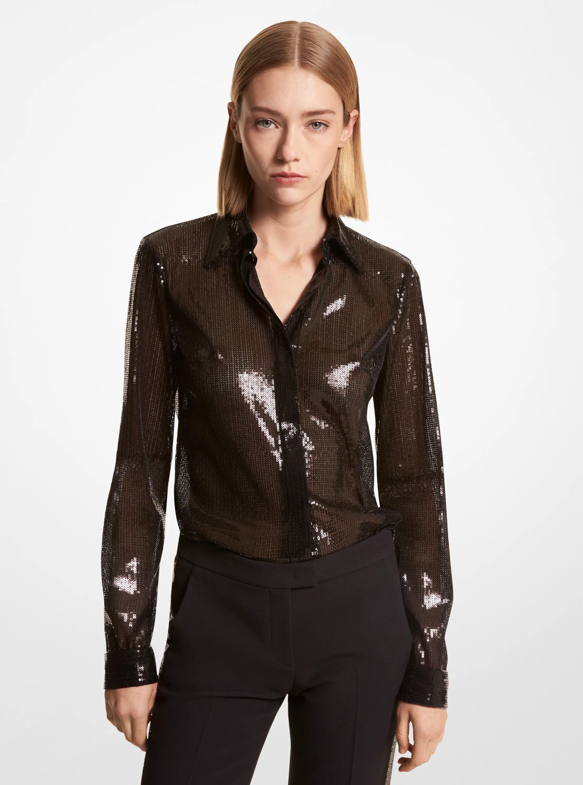 Hansen Sequin Embroidered Tulle Shirt in NEGRO | Michael Kors