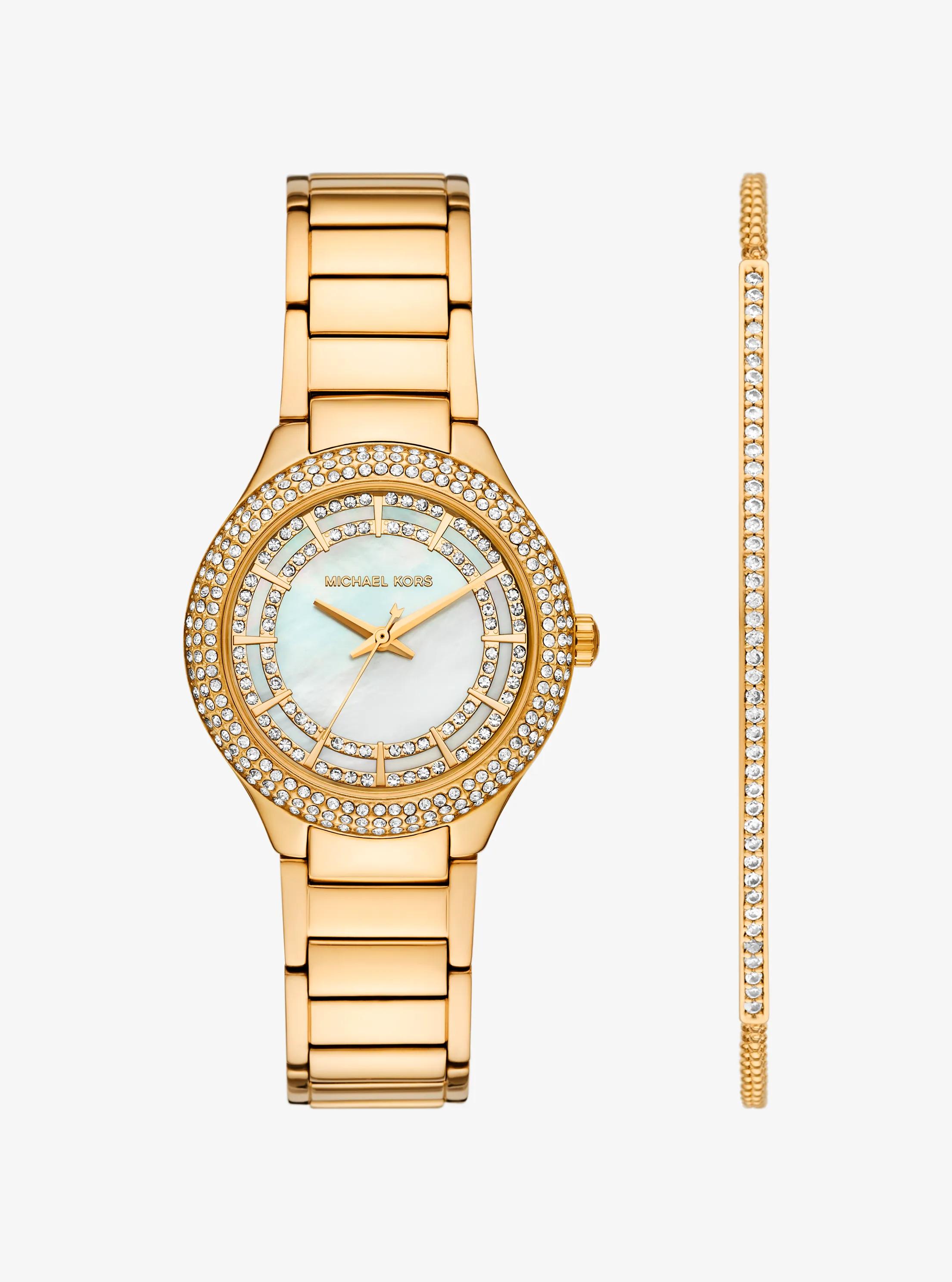 Mini Sylvia Pav&eacute; Gold-Tone Watch and Bracelet Gift Set in GOLD | Michael Kors
