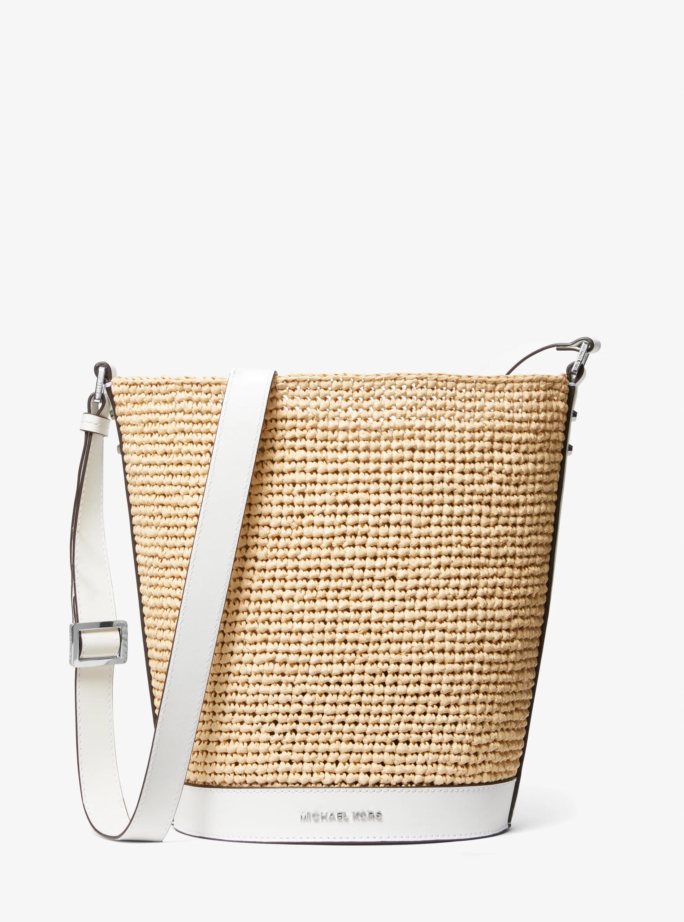 Townsend Medium Straw Bucket Messenger in NAT/OPTICWHT | Michael Kors