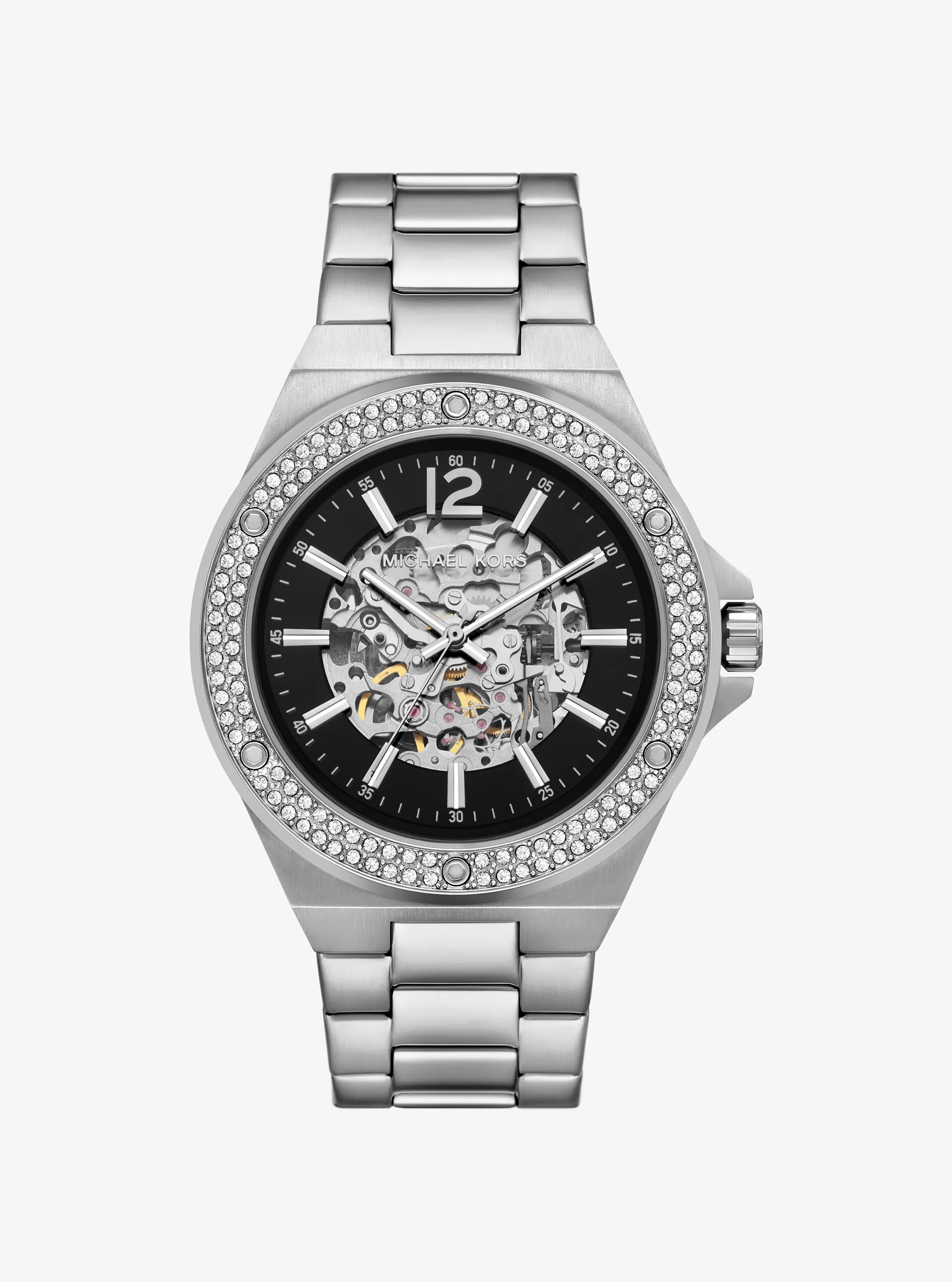 Reloj Lennox oversize en tono plateado con incrustaciones de pav&eacute; in PLATEADO | Michael Kors