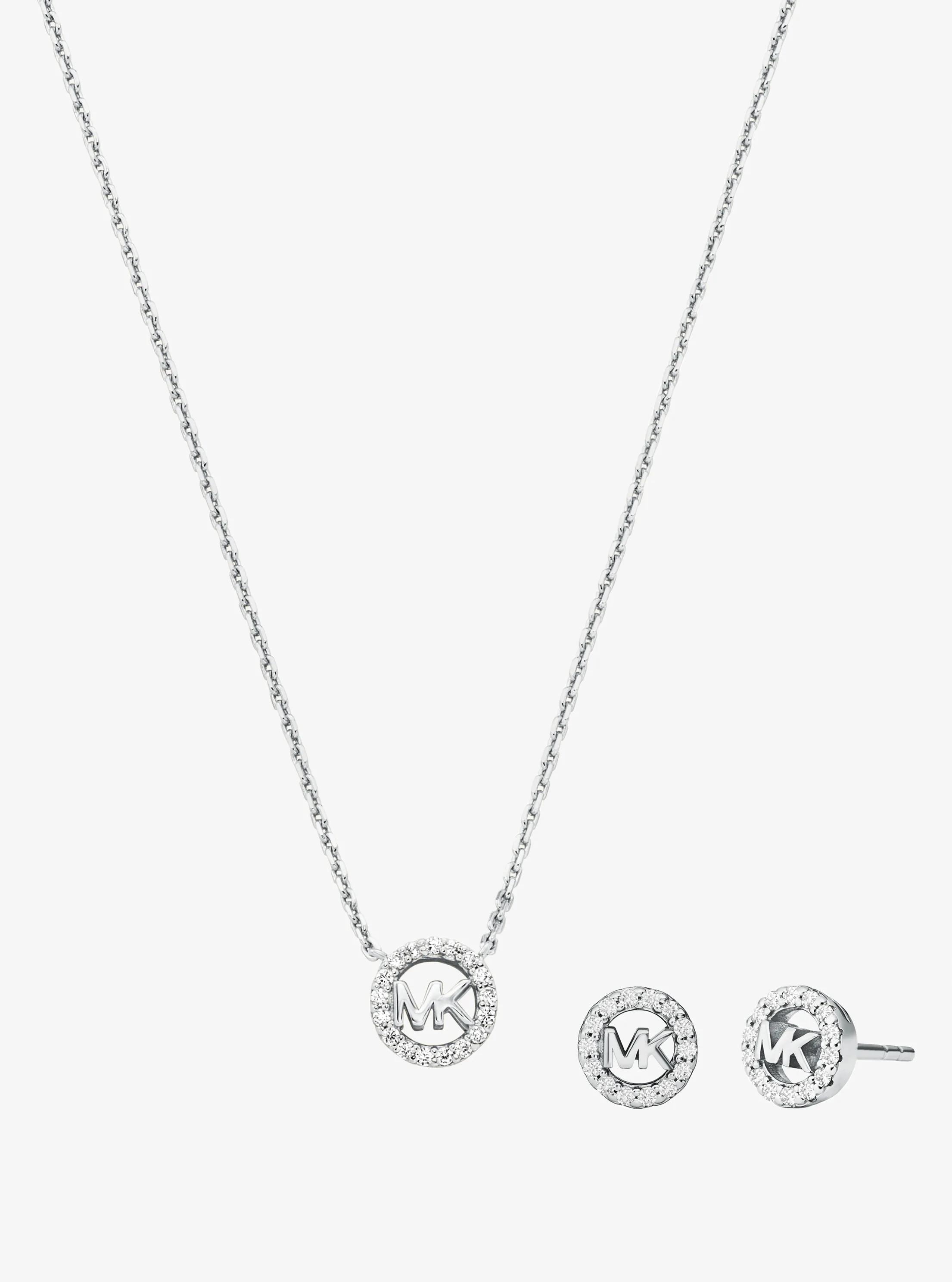 MK Collier et boucles d'oreilles Fulton en argent sterling plaqué en métal précieux avec pierres pavées et breloque à logo - Argent - Michael Kors