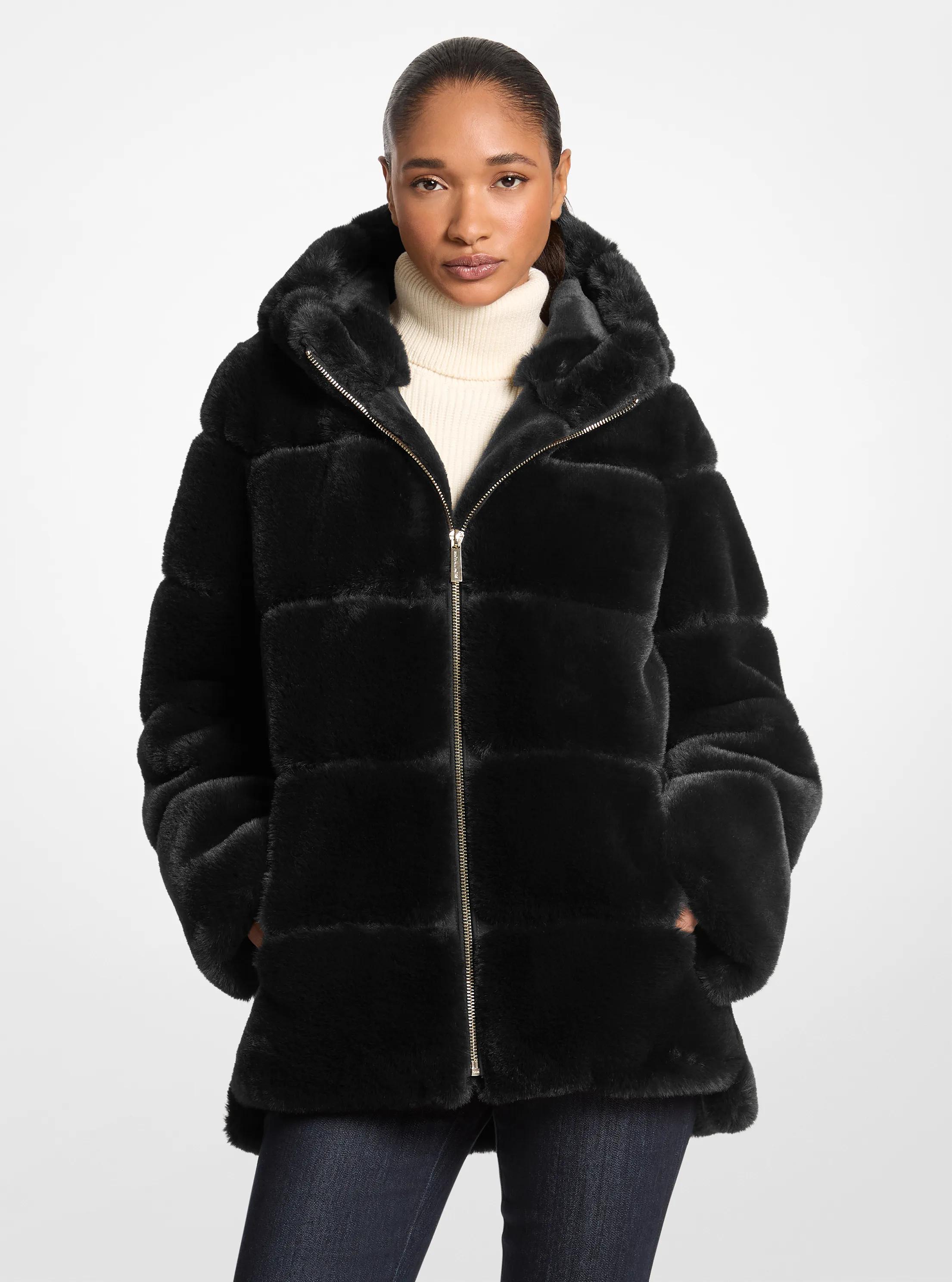 Manteau &agrave; capuchon en fausse fourrure in NOIR | Michael Kors