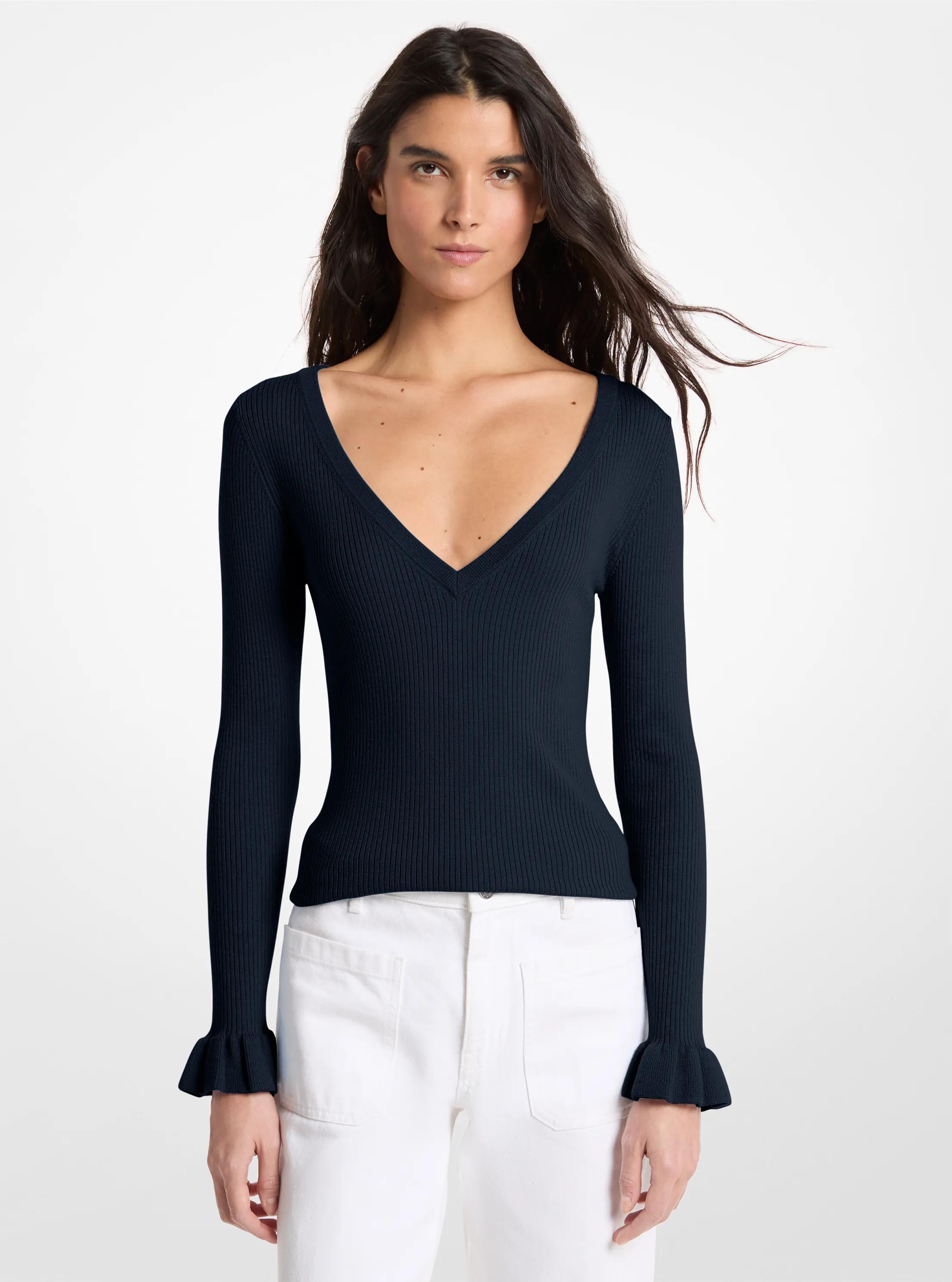 MK Pull à col en V en laine mélangée côtelée - Bleu - Michael Kors