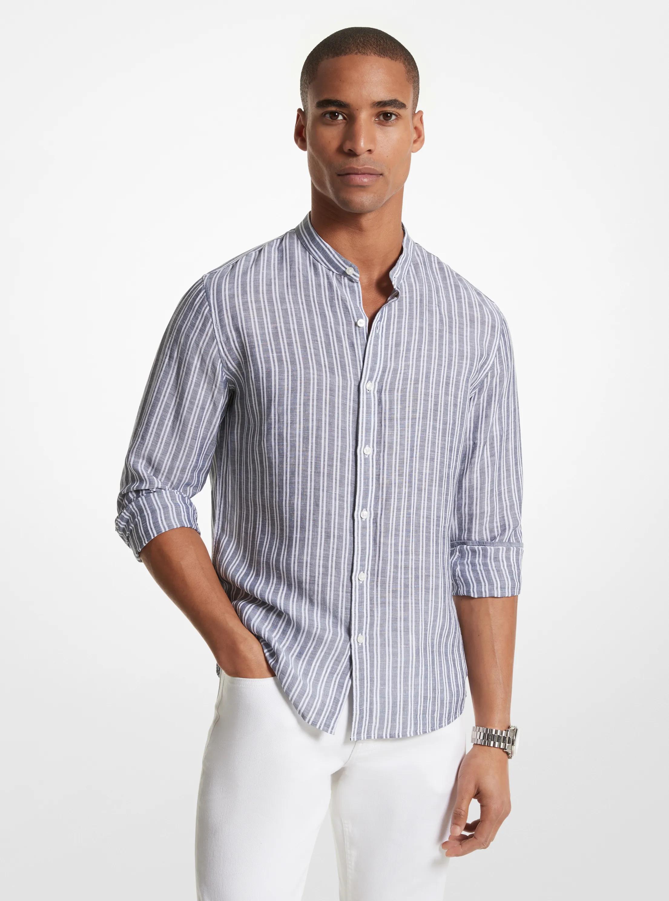 Striped Linen Blend Shirt in MIDNIGHT | Michael Kors